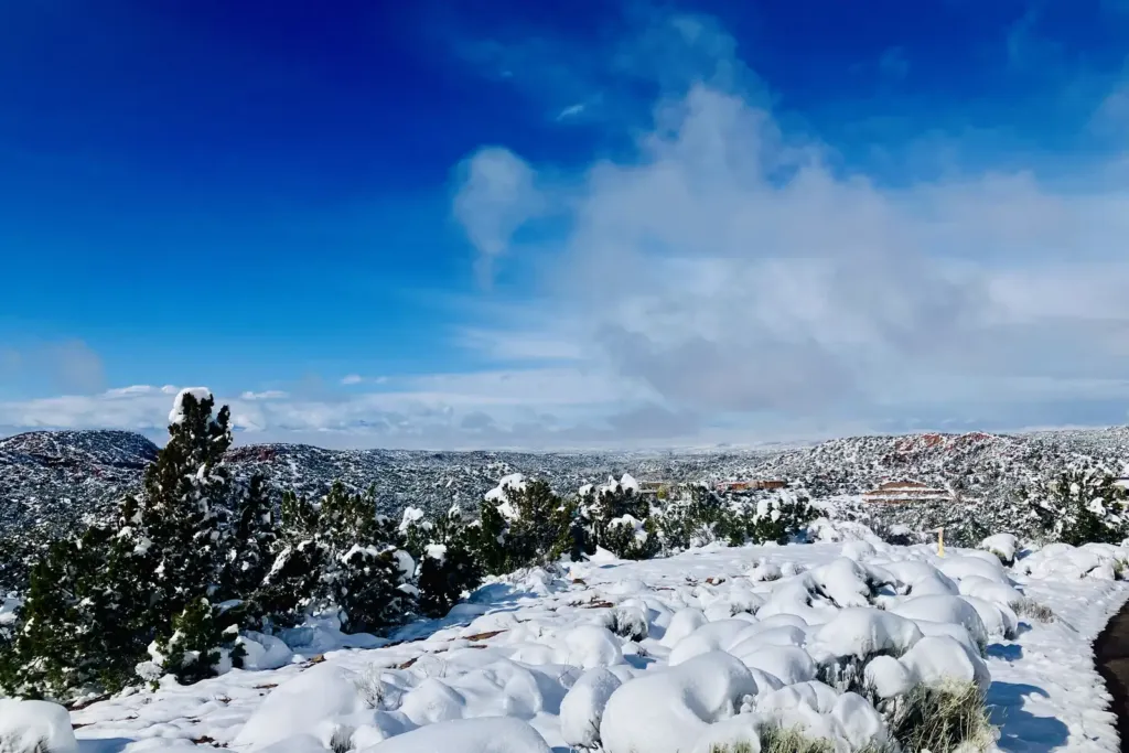 Snow-covered piñon and juniper hills outside Santa Fe, New Mexico, under a deep blue winter sky